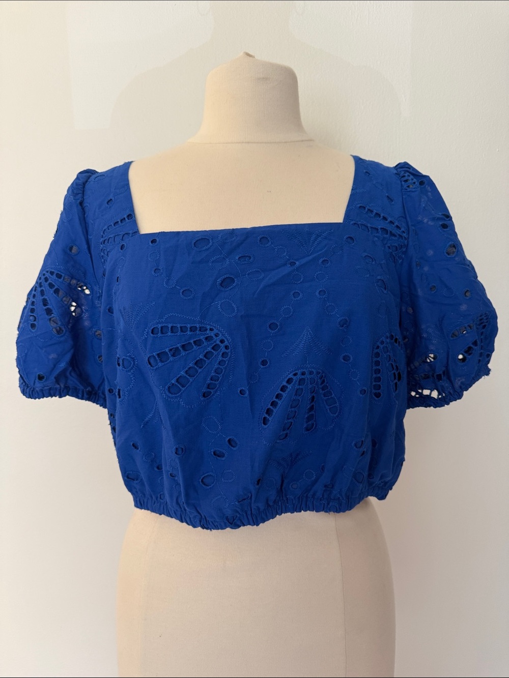 LOFT Cobalt Eyelet Square-Neck Puff Sleeve Crop Top